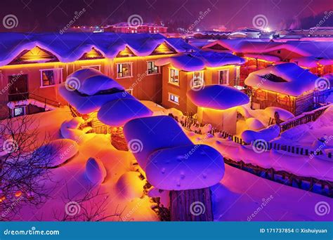 China snow town at night stock photo. Image of house - 171737854