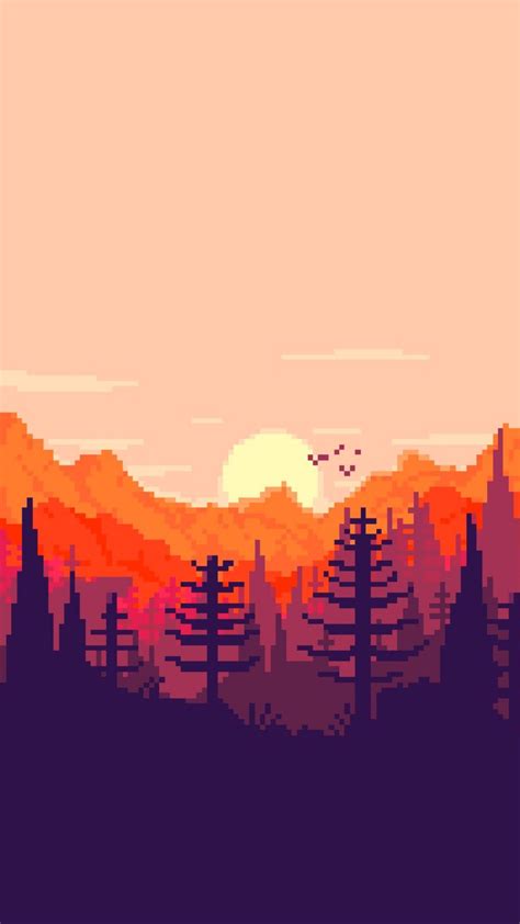 an old school pixel art landscape with trees and mountains in the background at sunset or dawn