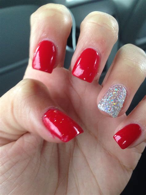 Acrylics! Red with glitter nail on ring finger | Homecoming nails, Red nails, Pretty nails