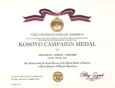 Kosovo Campaign Medal Certificate