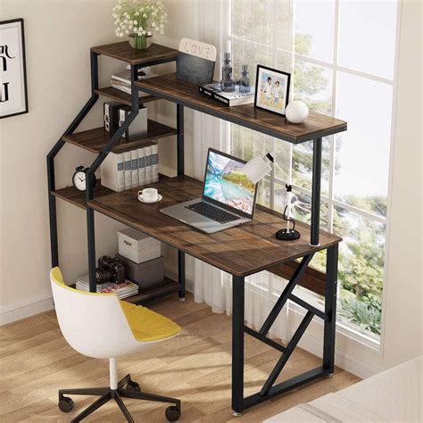 Computer Desk with 4-Tier Storage Shelves, 60 inch Large Rustic Office Desk Computer Table ...