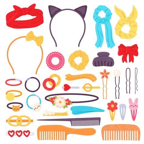 Premium Vector | Hair accessories. Cartoon headband with ribbon bow, hairpin, clips, scrunchies ...