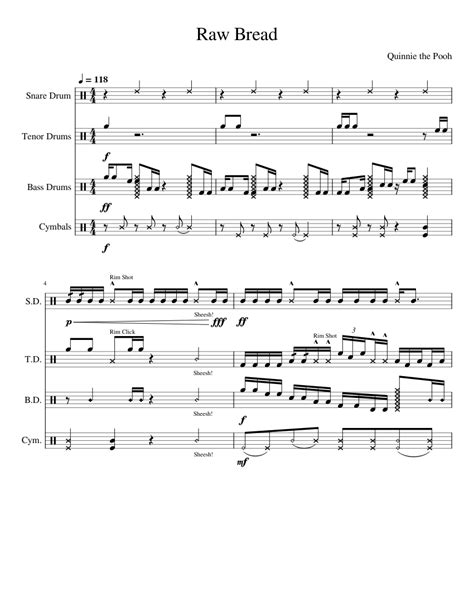 Raw Bread - Quinnie the Pooh Sheet music for Snare drum, Crash, Tenor drum, Bass drum (Drum ...