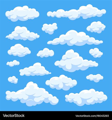 Fluffy white cartoon clouds in blue sky set Vector Image