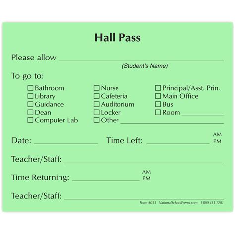 Hall Pass Pad - Green - NationalSchoolForms.com