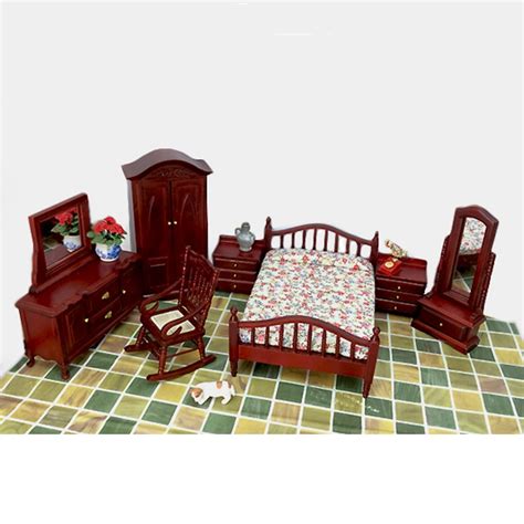 1:12 Dollhouse Furniture toy for dolls red Wooden Miniature simulation bed bedroom sets pretend ...