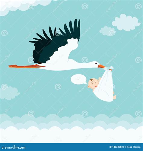 Cartoon Stork Carrying Baby. Boy Stork Baby Shower Vector Illustration Stock Vector ...