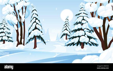 Sunny winter forest cartoon composition with natural trees covered with ...