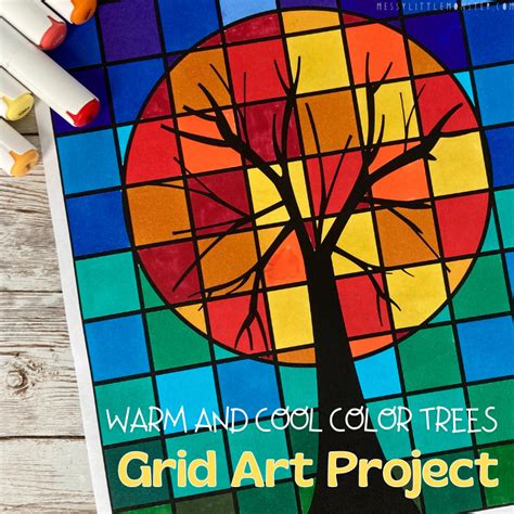 Warm and Cool Color Trees - Grid Art Project - Messy Little Monster