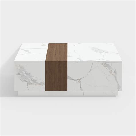 Vewal Wood Block Coffee Table Marble & Walnut Veneer in White with 2 ...