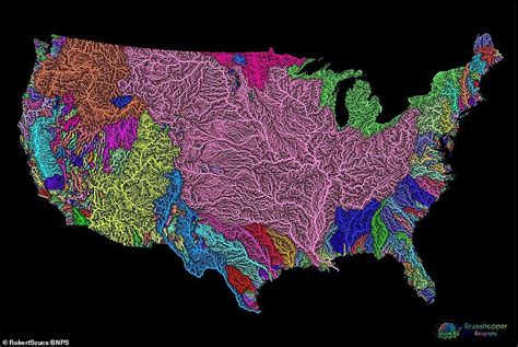 Map shows every river basin of the US with a different color and width depending on water depth ...