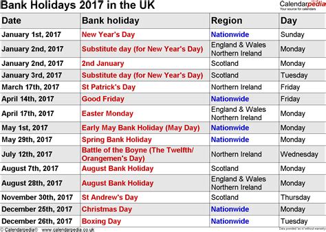 Bank Holidays 2017 in the UK, with printable templates