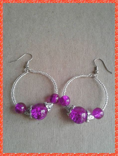 Small Purple And Clear Beaded Hoop Earrings Purple Crackle - Etsy | Earrings Handmade Beaded ...