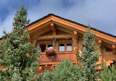 Wooden Chalet Traditional Alpine Architecture in Pine Trees Stock Image ...