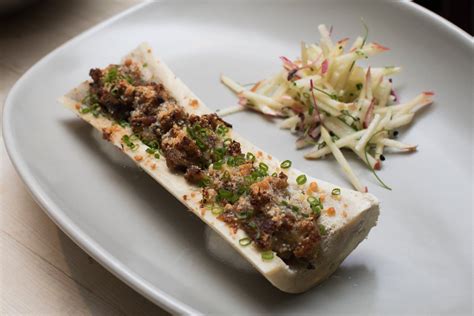 photo of the day: stuffed bone marrow with scallops, clams, pancetta tessa, bread crumbs, herbs ...