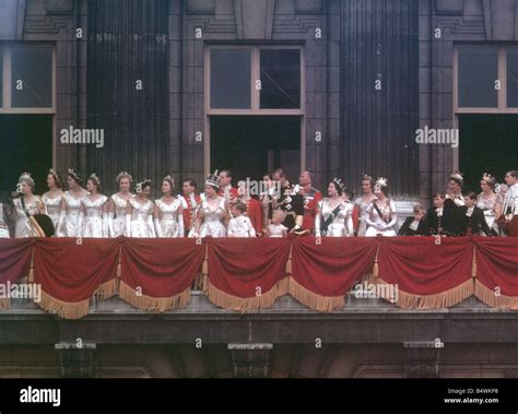 Queen Elizabeth II 1953 Coronation Balcony scene The Queen and Prince Philip with Prince Charles ...