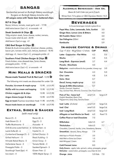 Menu at Cut & Grind cafe, Pacific Pines