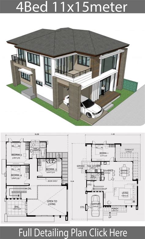 Home design 11x15m with 4 Bedrooms - Home Design with Plan ...