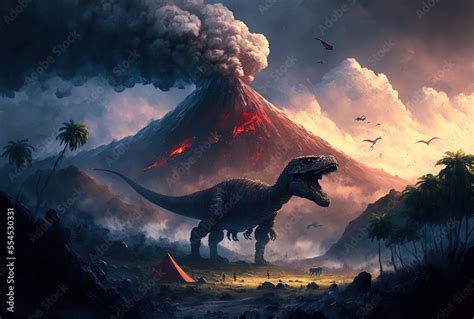 A volcano with smoke, mountains, dinosaurs, and greenery make up the ...