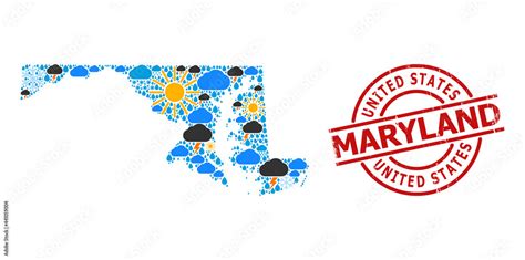 Weather pattern map of Maryland State, and grunge red round badge ...