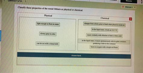 Solved Question 7 of 33 > Resume Classify these properties | Chegg.com