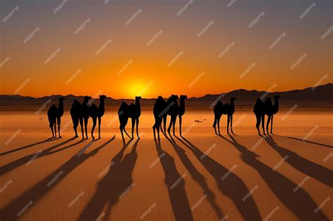 Premium AI Image | Photo a group of silhouette camels in the desert with orange sunset ...