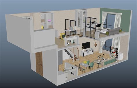 a 3d view of a house showing the living room, dining area and kitchen areas