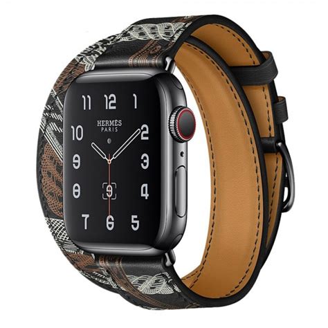 Full Black Printed Double Tour Band Apple iWatch Hermes In Leather