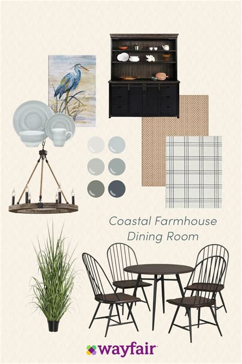 the coastal farmhouse dining room is shown in black and white, with blue accents on the walls