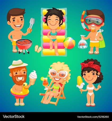 Happy cartoon characters on the beach Royalty Free Vector