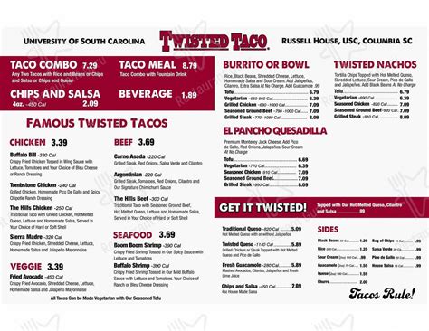 Menu at Twisted Taco restaurant, Columbia