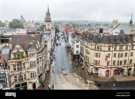 Oxford, UK - August 12, 2015: High angle view of Oxford a rainy day. The city is known as the ...