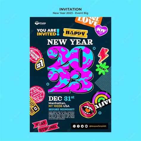 Premium PSD | New year 2023 party invitation template with stickers