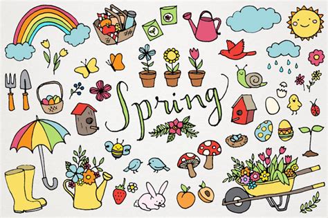 Spring Clipart Set Springtime Clip Art, Flowers and Gardening, Hand Drawn Clipart, Rainbow ...