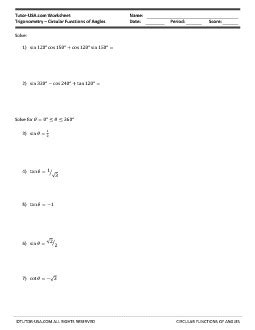 Worksheet: Trigonometric Functions - Circular Functions and Angles ...