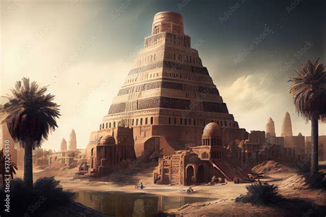 Ancient city of Babylon with the tower of Babel, bible and religion ...