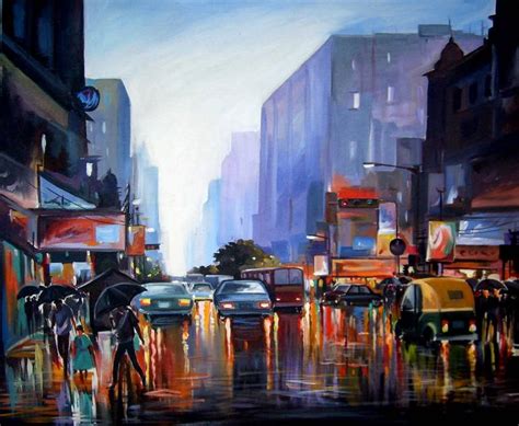 City Street at Rainy Night-Acrylic on Canvas Painting by Samiran Sarkar ...