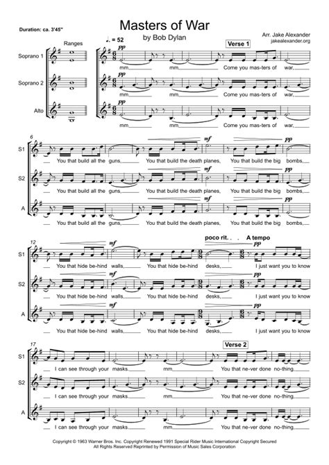 Masters Of War (arr. Jake Alexander) by Bob Dylan Sheet Music for SSA Choir at Sheet Music Direct