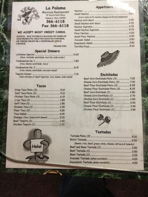 Menu at La Paloma Mexican Restaurant, Newark, 19 S Park Pl