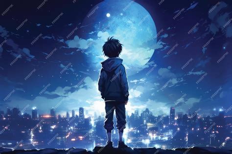 Premium Photo | Photo anime boy looking at the moon in the city night