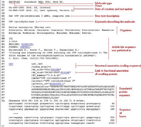 Exemplary genome data entry from the EMBL DNA Sequence Database ...