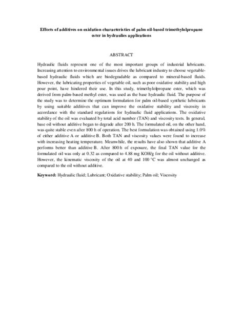 (PDF) Additive Impact on Palm Oil Trimethylolpropane Ester in Hydraulics