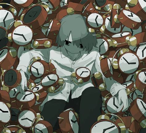 an anime character surrounded by many clocks