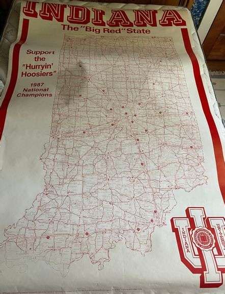 Large Oversized IU Hoosier Map 1987 - Hoosier Auction Group