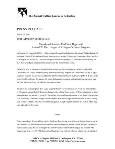 PRESS RELEASE - Animal Welfare League of Arlington