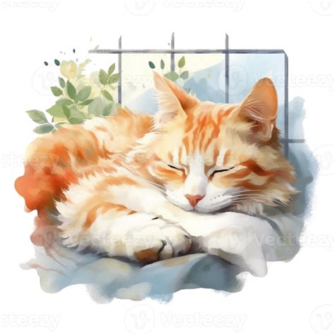 Watercolor illustration of cute a cat sleeping on watercolor background ...