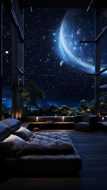 Premium AI Image | a bedroom with a view of a landscape and a window with a view of the night sky.