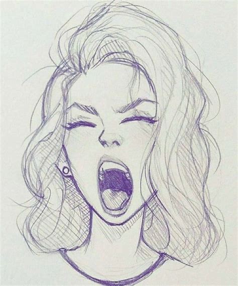 how to draw a face step by step, drawing of a girl screaming, short wavy hair, black and white ...