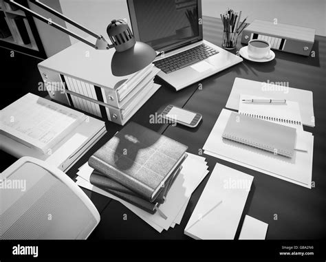 Wooden table with office supplies and coffee Stock Photo - Alamy