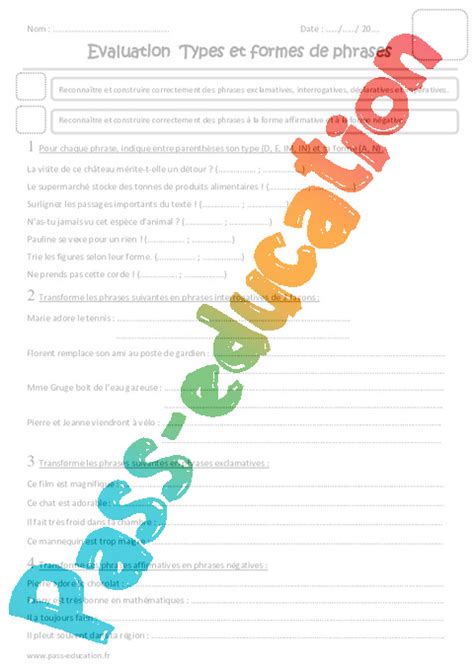 Types et formes de phrases - Cm2 - Evaluation - Pass Education